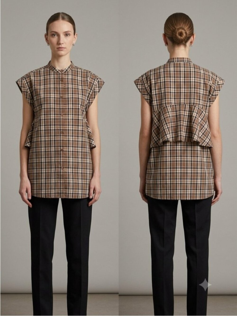 Classic Brown Blue Plaid Sleeveless Tunic Blouse - Small, Japanese brand 🇯🇵